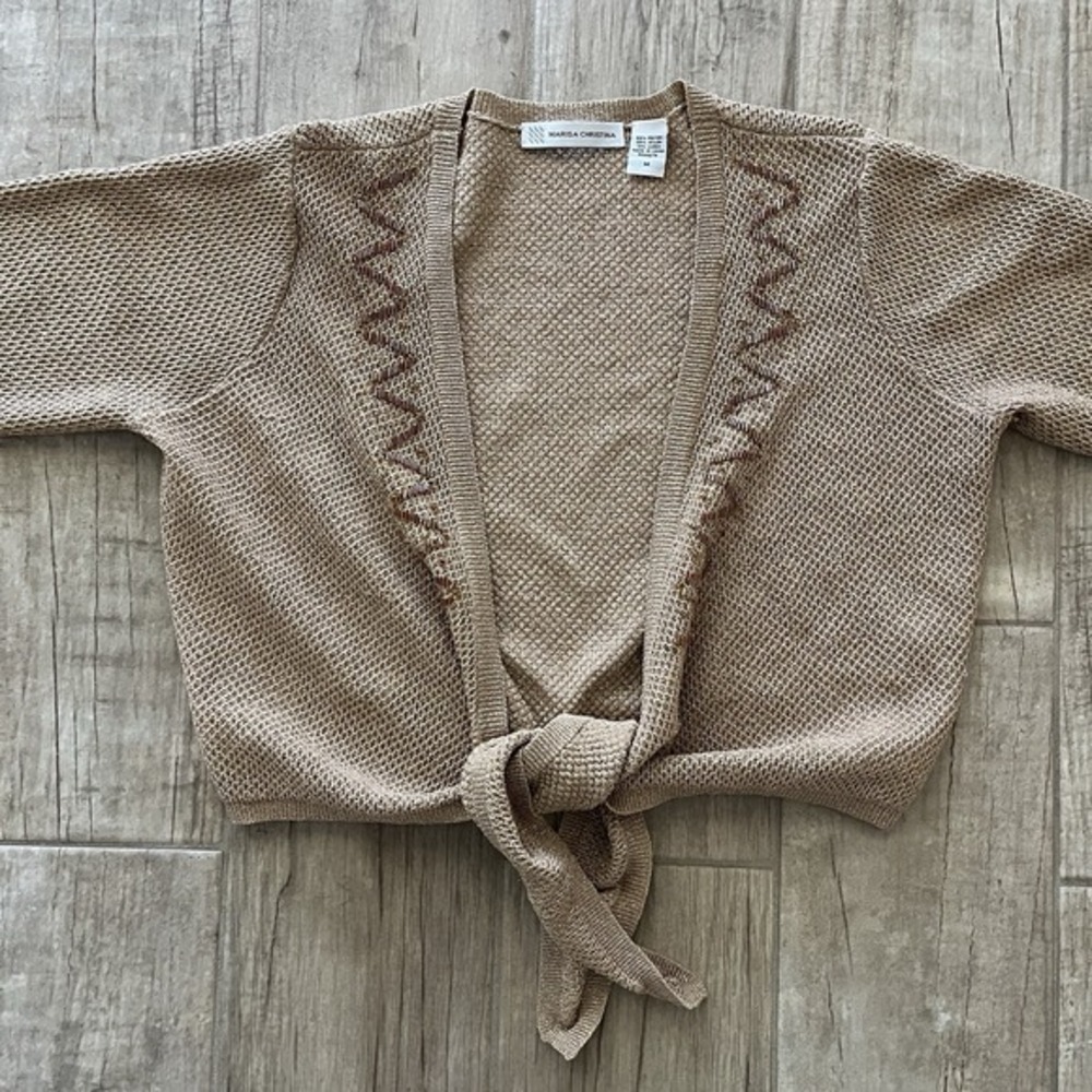 Marisa Christina Gold Metallic Beaded Tie Front Cardigan Sweater Womens M Vintta